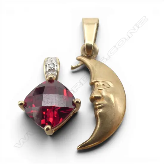 2 9ct GOLD PENDANTS: 1 w red stone + crescent moon w face. 1.25gms