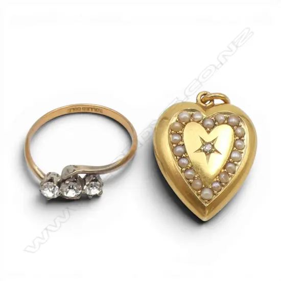 9ct DIAMOND & SEED PEARL LOCKET plated w 12ct, 3.32gm, back missing & ROLLED GOLD/PASTE RING