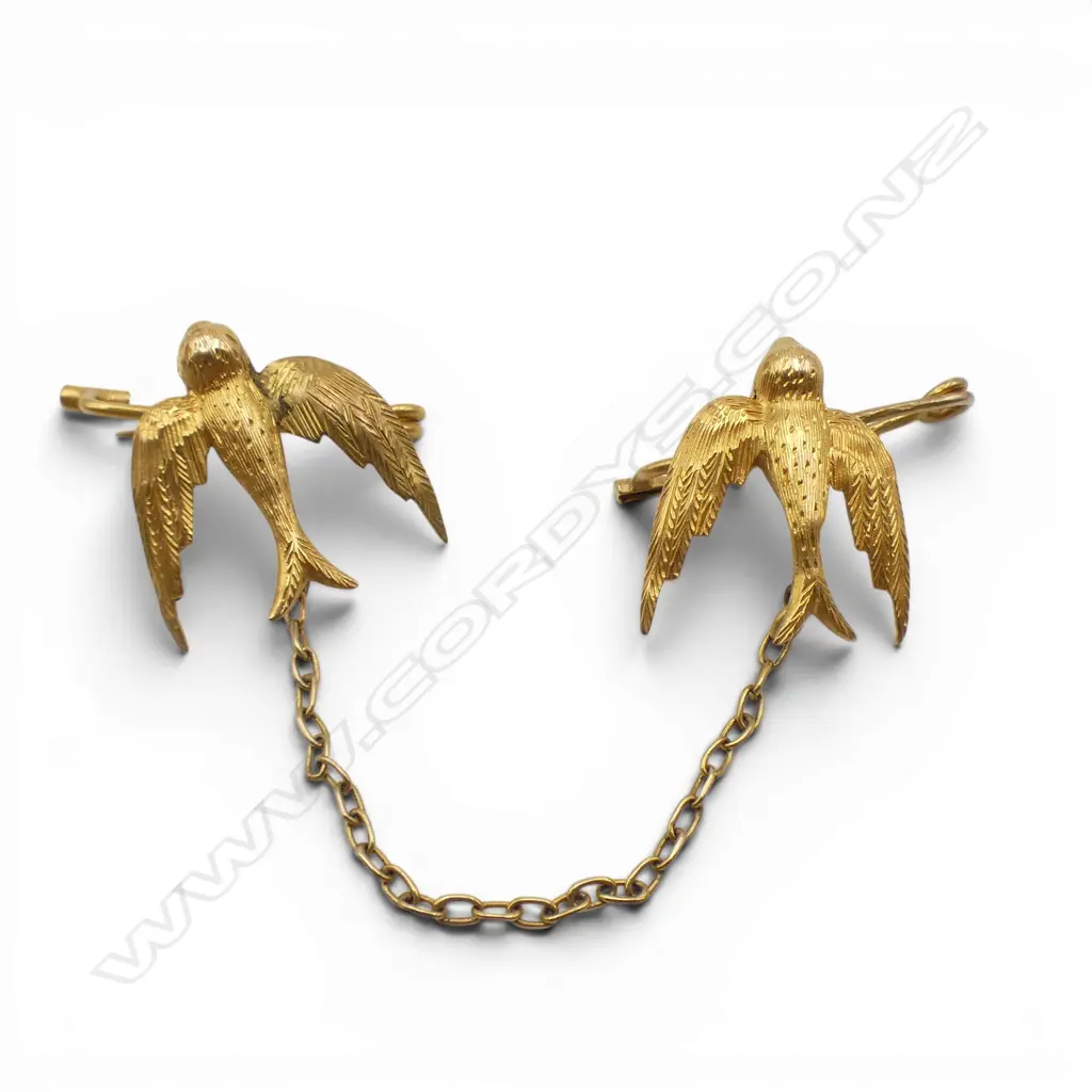 PR Edwardian 15ct GOLD SWALLOW BROOCH / DRESS CLIPS chain linked 2.66gms Image 1++