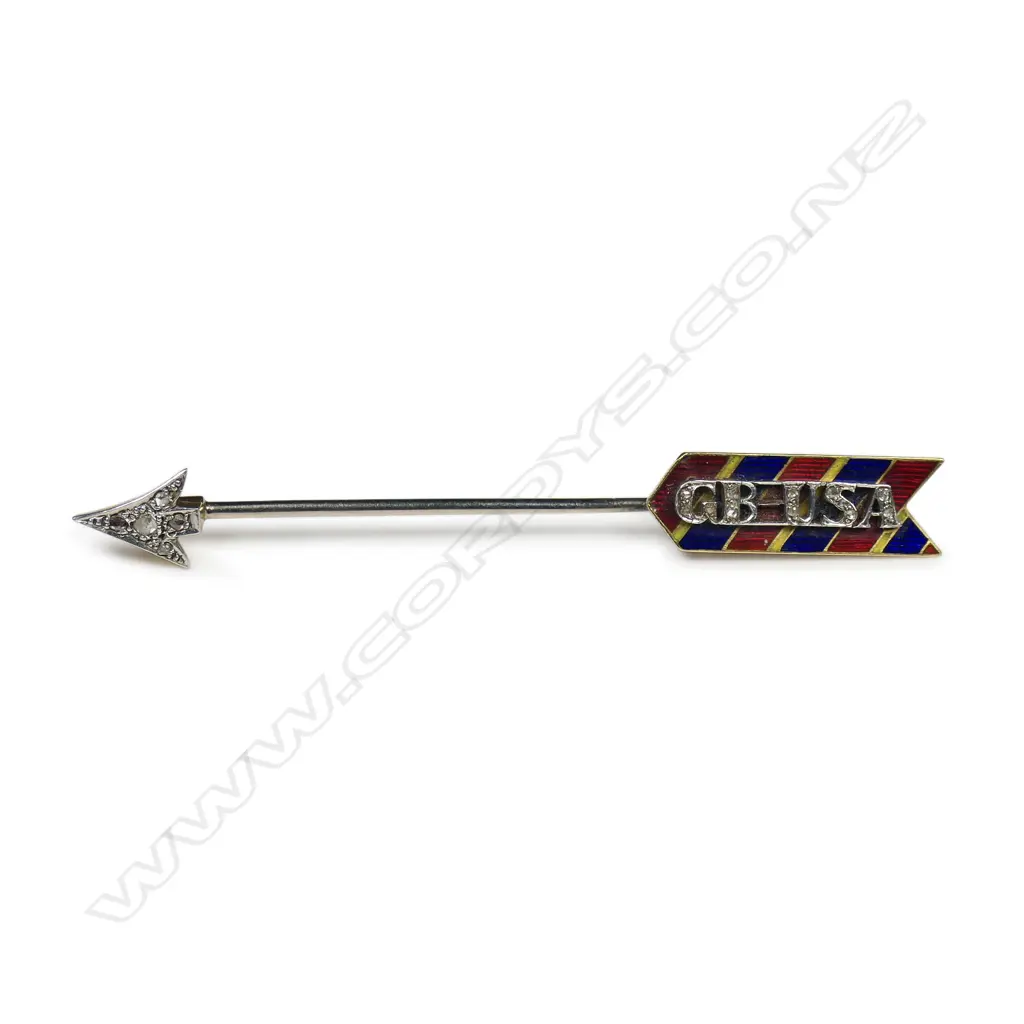 An Art Deco 18ct gold diamond and enamel jabot arrow, Image 1++