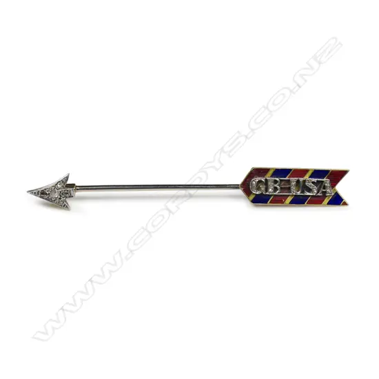 An Art Deco 18ct gold diamond and enamel jabot arrow,