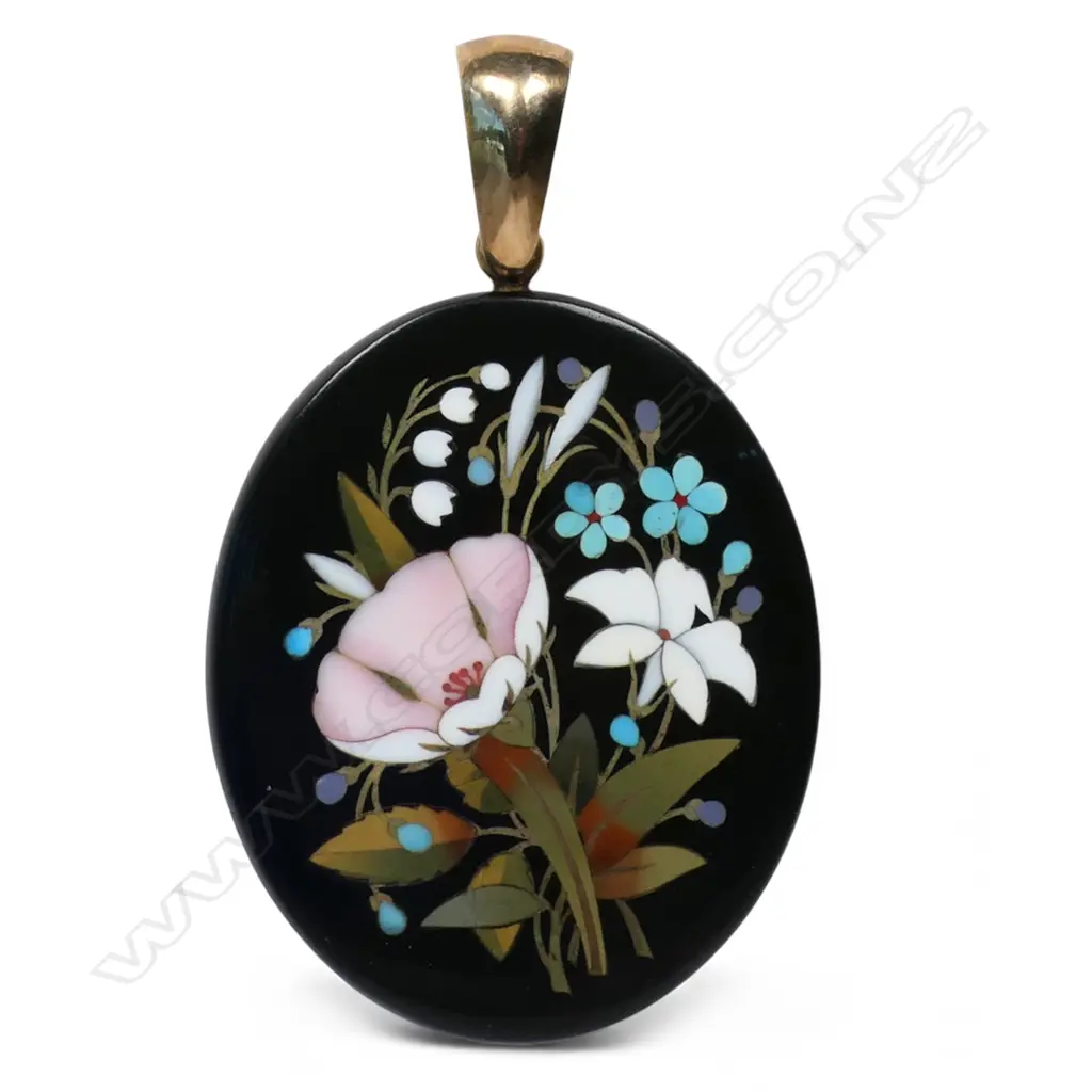 VICTORIAN black onyx & gem set pendant inlaid flower PENDANT with 9ct bale top. turquoise + ivory etc. Repaired Image 1++