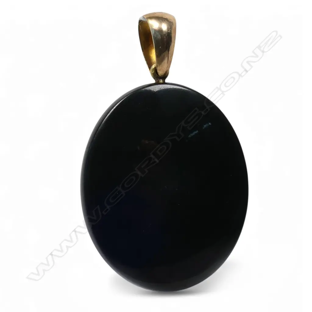 VICTORIAN black onyx & gem set pendant inlaid flower PENDANT with 9ct bale top. turquoise + ivory etc. Repaired Image 1++