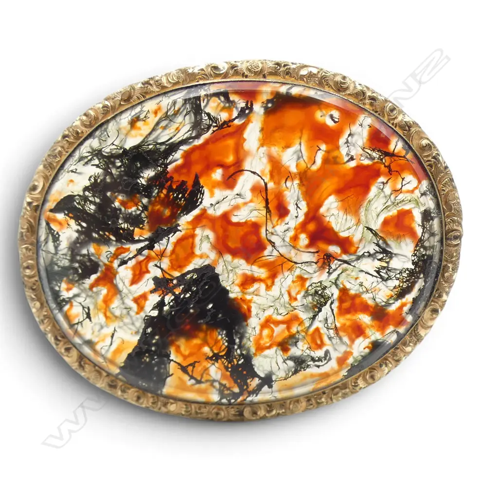 LRG GOLD PLATED MOSS AGATE BROOCH Image 1++