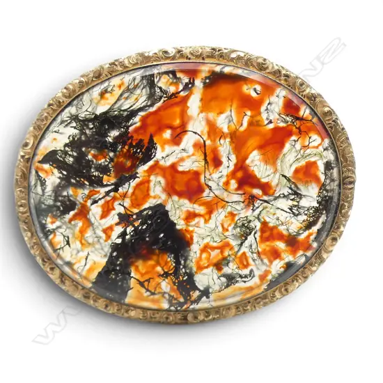 LRG GOLD PLATED MOSS AGATE BROOCH