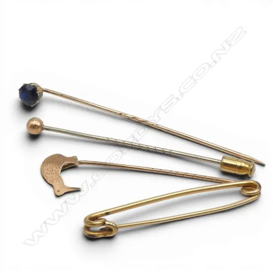 2 9ct STICK PINS w gold pins 1 w blue stone 2.24gms + 1 w 9ct ball top (pin plated) + plated safety pin brooch
