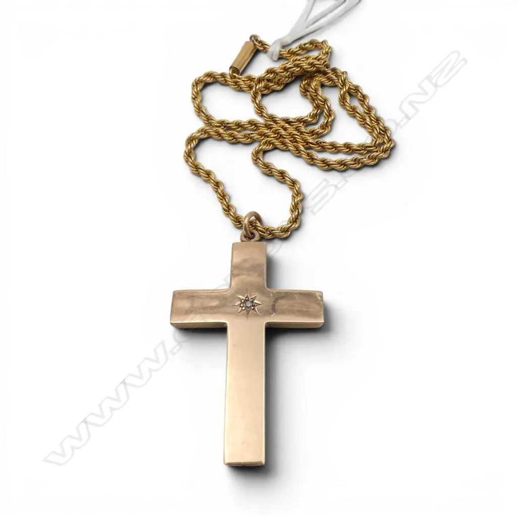 Birmingham 1905 9ct GOLD HOLLOW CROSS set w single DIAMOND on 9ct GOLD ROPE TWIST CHAIN. L.380mm. 7.65gms Image 1++