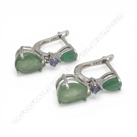PR SILVER EMERALD & TANZANITE EARRINGS, continental locks