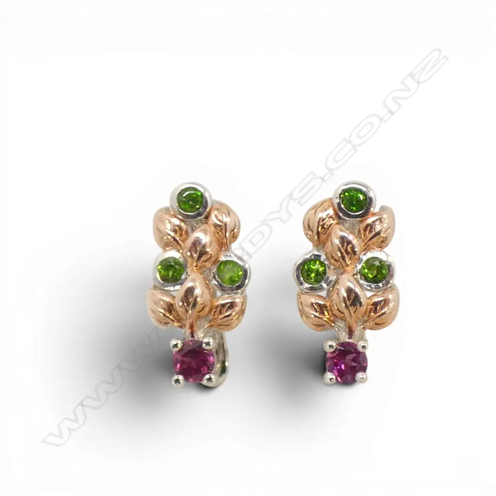 SILVER CHROME DIOPSIDE & RHODOLITE EARRINGS, NEW Image 1++