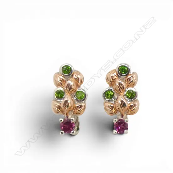 SILVER CHROME DIOPSIDE & RHODOLITE EARRINGS, NEW