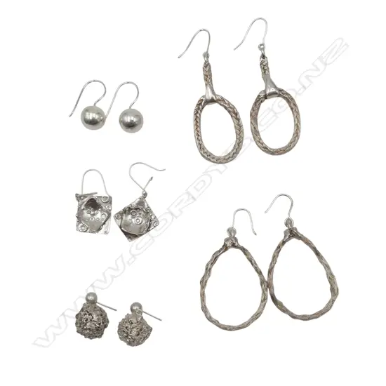 FIVE PAIRS SILVER EARRINGS From estate of jeweller Simon Misdale
