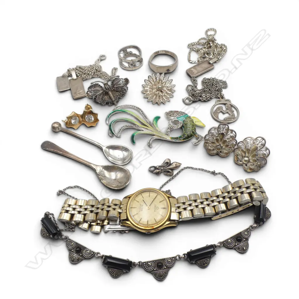 BAG OF SILVER & OTHER JEWELLERY: vintage necklace + ladies Omega De Ville quartz watch etc Image 1++