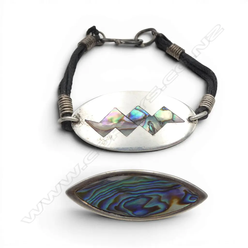 SILVER & PAUA LGE DISC BRACELET w cord straps + elliptical brooch Image 1++