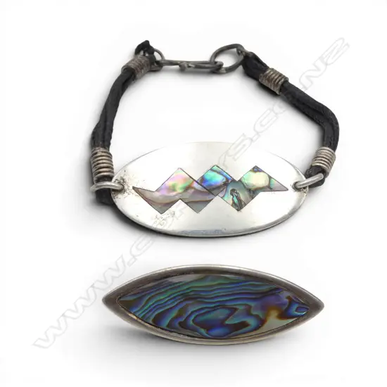SILVER & PAUA LGE DISC BRACELET w cord straps + elliptical brooch