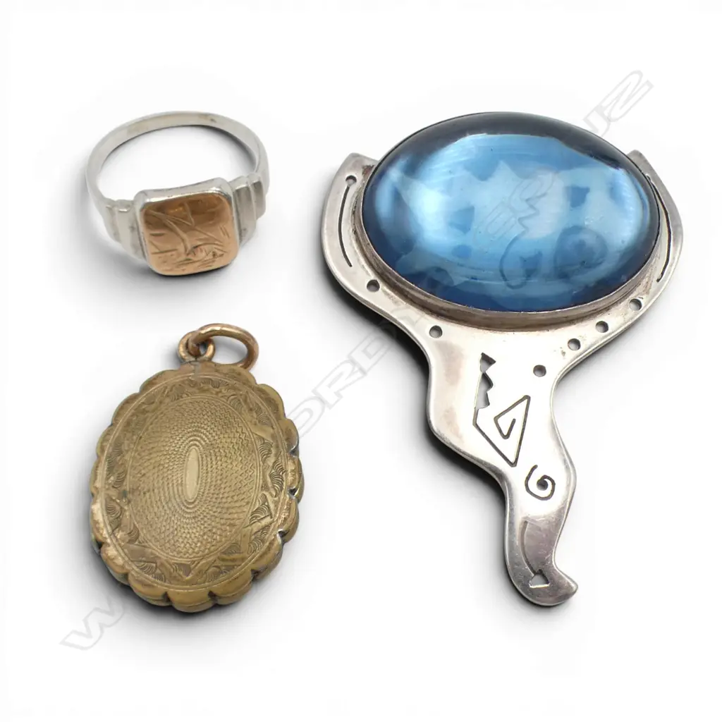 SILVER & BLUE GLASS modernist FUNKY BROOCH + SILVER RING + GILT LOCKET Image 1++