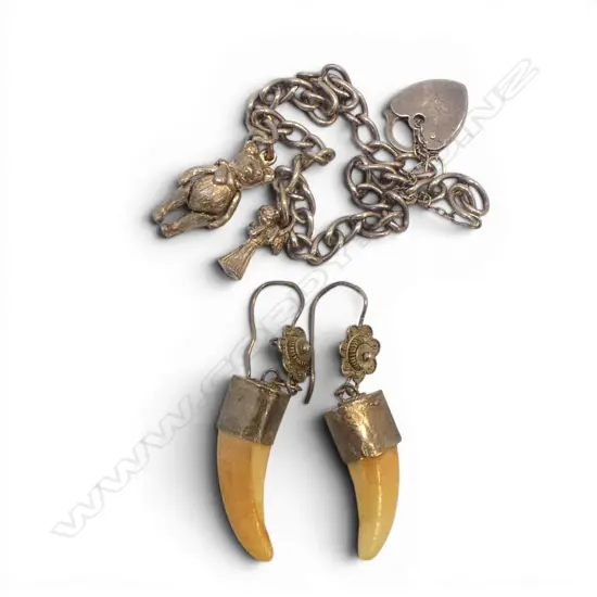 PAIR OF THAI SILVER AND TOOTH EARRINGS AND SILVER CHARM BRACELET (2 charms) 9.54gms
