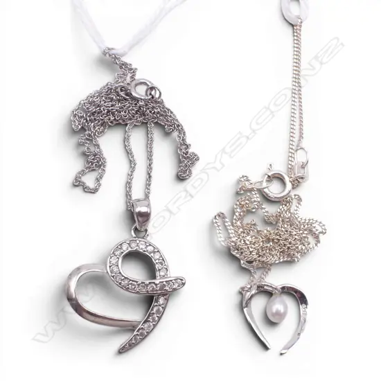 2 DIAMOND & PEARL SILVER HEART NECKLACES