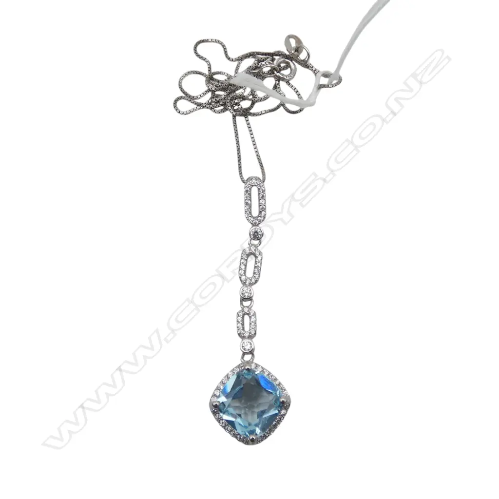 S/SILVER BLUE TOPAZ & CZ PENDANT NECKLACE Image 1++