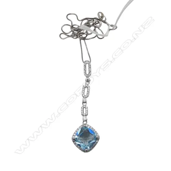 S/SILVER BLUE TOPAZ & CZ PENDANT NECKLACE