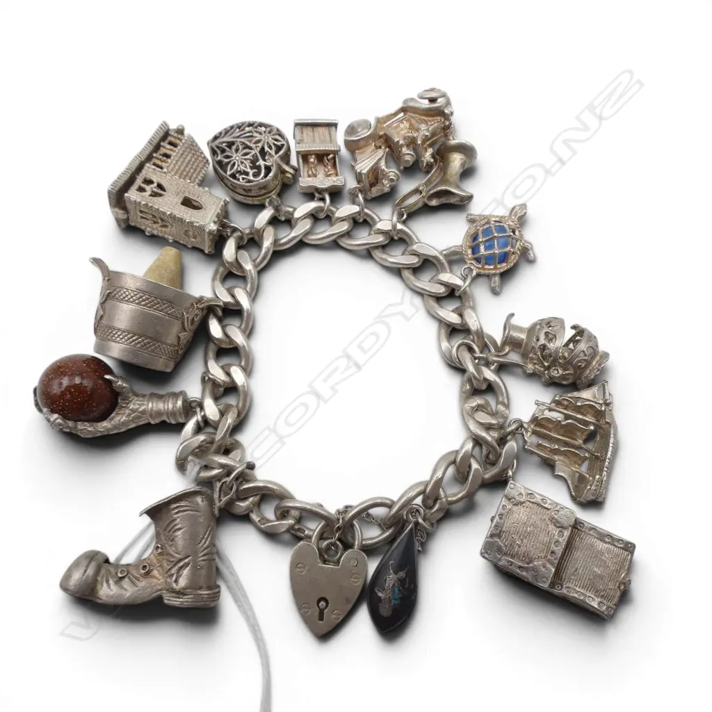 STG SILVER CHARM BRACELET w. 13 CHARMS 90gms Image 1++