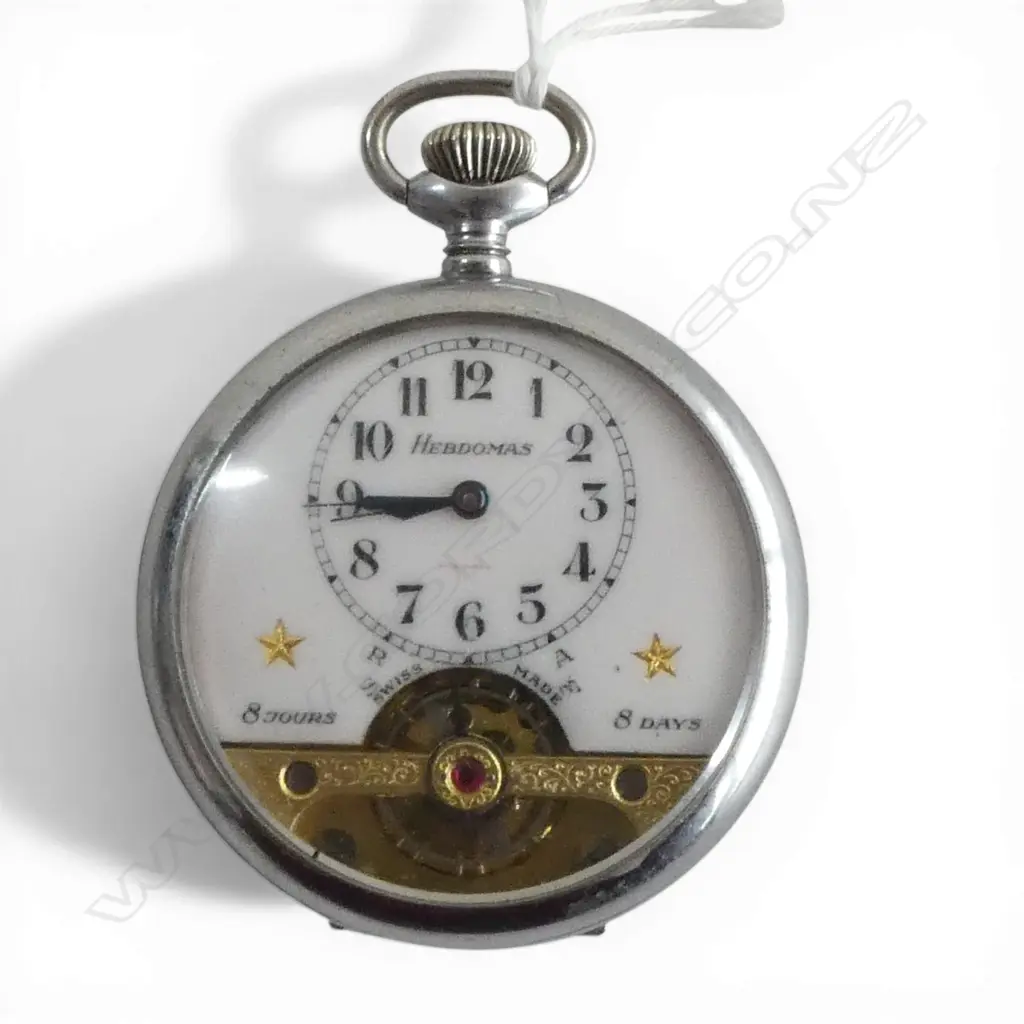 'HEBDONA' SWISS MADE SILVER PLATED POCKET WATCH white porcelain face w. balance wheel visible RUNNING Image 1++