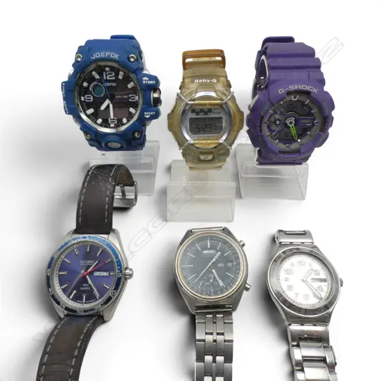 6 GENT'S WRISTWATCHES, SEIKO, SWATCH, OLYMPIC, G-SHOCK, BABY SHOCK & JOEFOX
