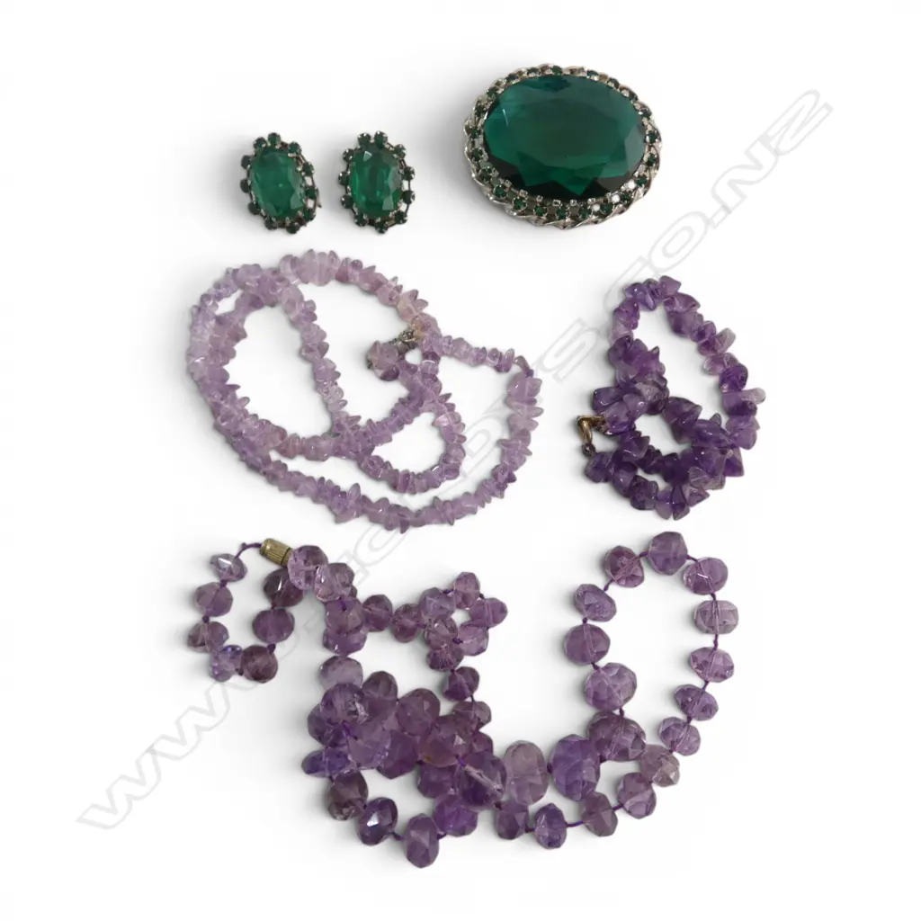 2 AMETHYST NECKLACES, BRACELET & COSTUME BROOCH/EARRING SET Image 1++