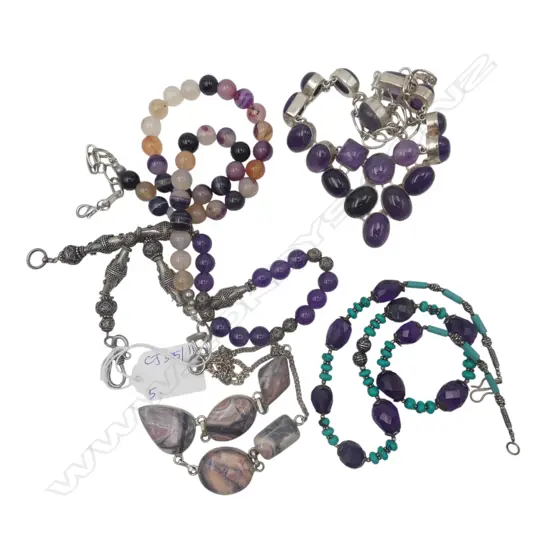 5 SILVER & PURPLE AGATE NECKLACES