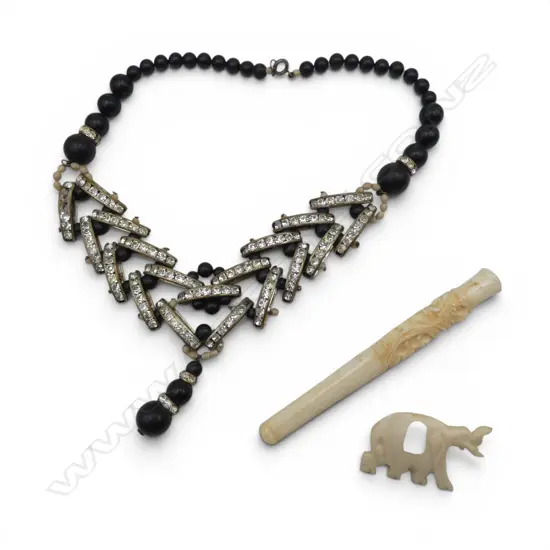 2 IVORY ITEMS: elephant brooch + dragon carved cigarette holder + VINTAGE COSTUME NECKLACE