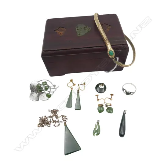 CHINESE HARDWOOD BOX stones missing + COLLECTION OF POUNAMU JEWELLERY: Earrings pendants etc