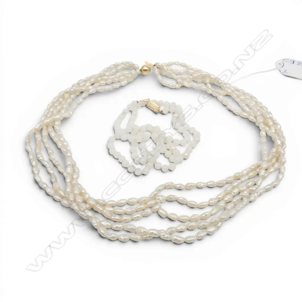 2 NECKLACES w. 14CT CLASPS; 5 STRAND SEED PEARL L.450mm, WHITE GLASS BEADS L.520mm Image 1++