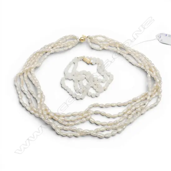 2 NECKLACES w. 14CT CLASPS; 5 STRAND SEED PEARL L.450mm, WHITE GLASS BEADS L.520mm