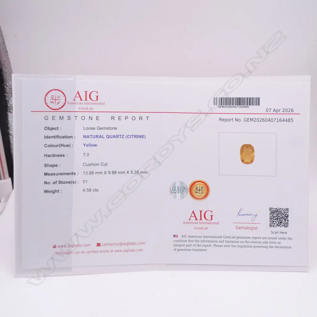 CUSHION CUT CITRINE, 4.58ct, AIG REPORT Image 1++