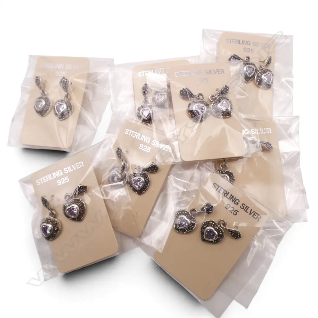 BAG of 8 heart shape pairs of SILVER & gem set EARRINGS new old stock Image 1++