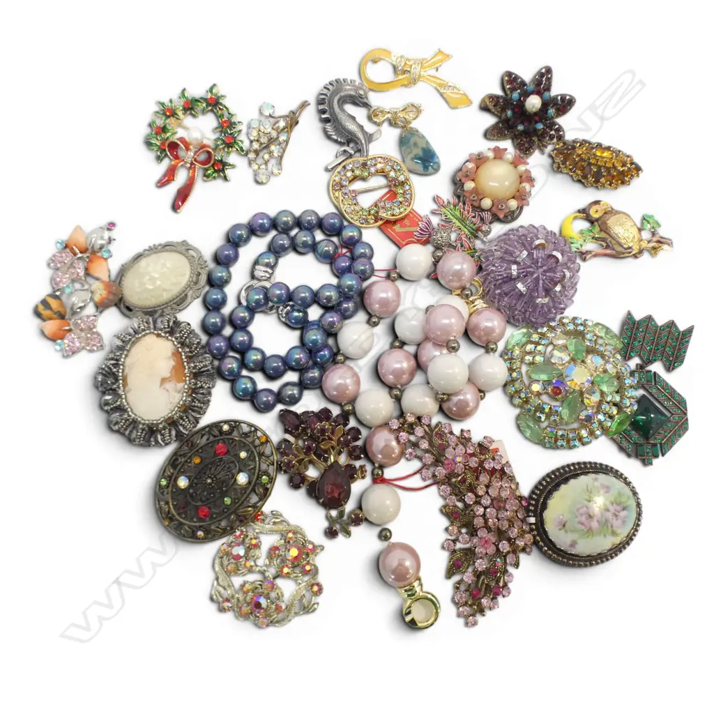 ASST. COSTUME BROOCHES  + 2 BEAD NECKLACES Image 1++