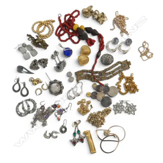 ASST. COSTUME JEWELLERY; SILVER TONE EARRINGS, ETHNIC NECKLACE L.600mm ETC