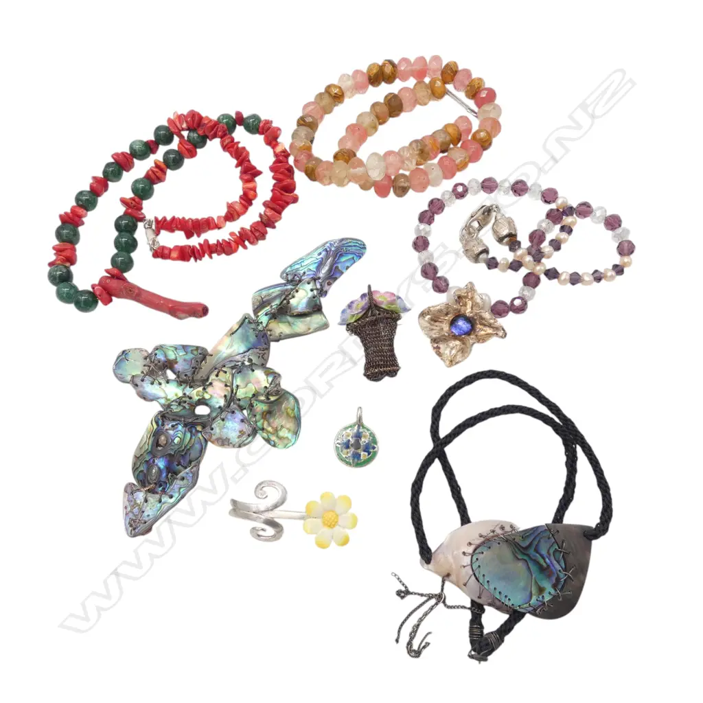 ASSTD NECKLACES/BROOCHES - GEMSTONE/CORAL/PAUA/JADE From estate of jeweller Simon Misdale Image 1++