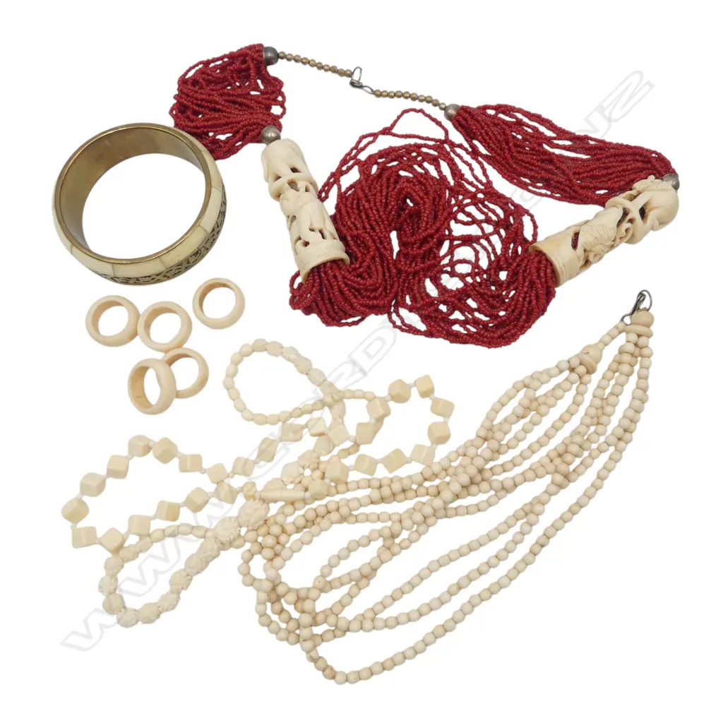 COLLECTION VINTAGE BONE JEWELLERY includes fine red coral ? multi strand bead necklace Image 1++