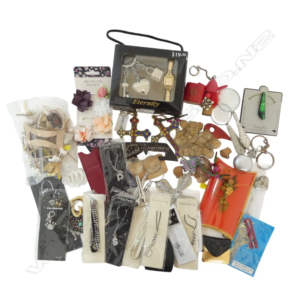 ASST. HAIR ACCESSORIES, PHONE CHARMS, MAGNIFYING GLASSES, BOOK MARKS, WATCH ETC Image 1++