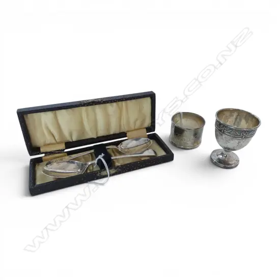 PR SILVER CASED EDWARDIAN TEASPOONS, Sheffield 1908, SILVER EGG CUP, Birm 1916 & SILVER NAPKIN RING, 82gms