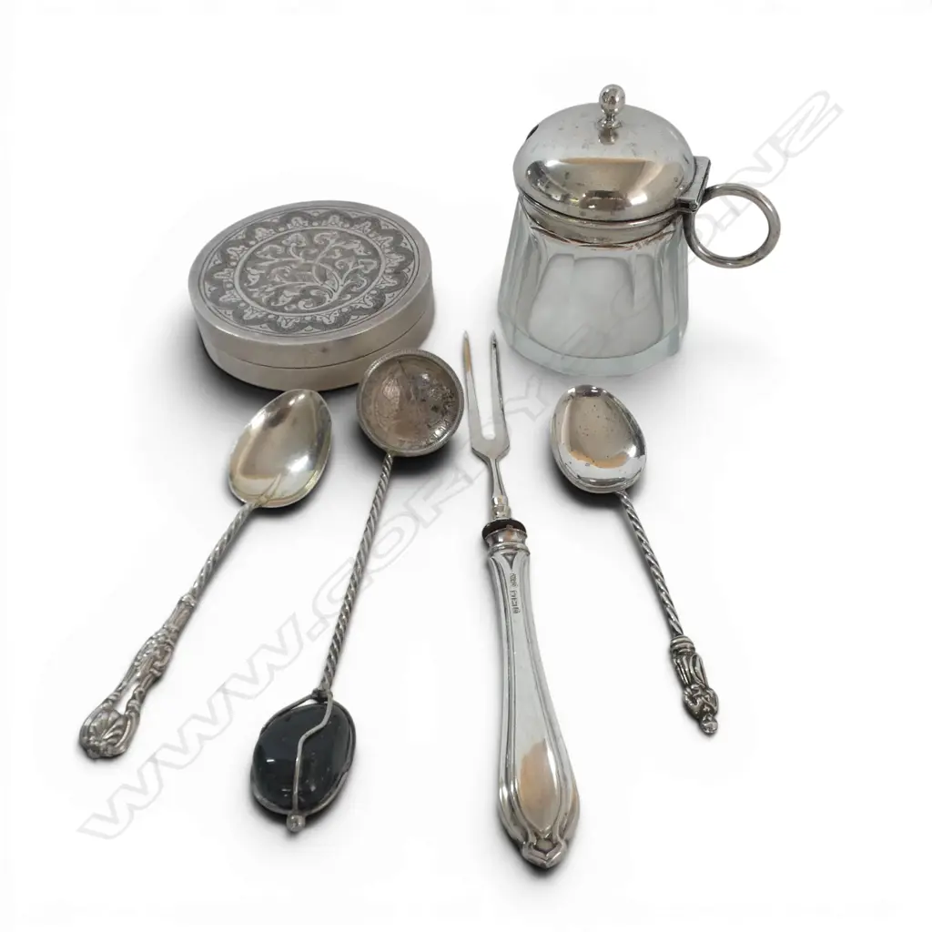 SILVER EDWARDIAN MUSTARD POT glass chip, 4 SILVER & PART SILVER TEASPOONS/PICKLE FORK & SILVER TRINKET BOX Image 1++