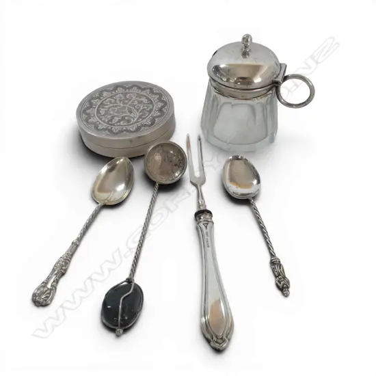 SILVER EDWARDIAN MUSTARD POT glass chip, 4 SILVER & PART SILVER TEASPOONS/PICKLE FORK & SILVER TRINKET BOX