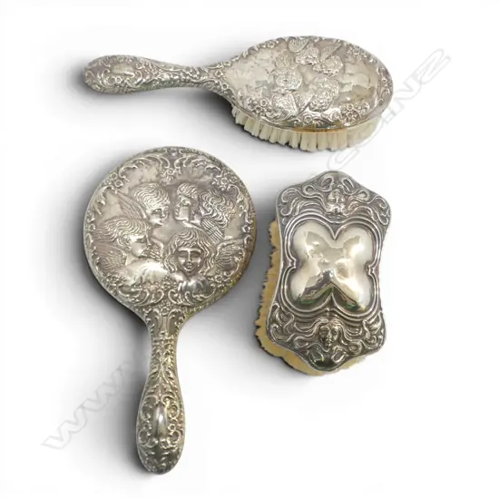 3 SILVER BACKED REYNOLDS ANGELS DECORATED DRESSING TABLE ITEMS: 2 brushes + mirror 