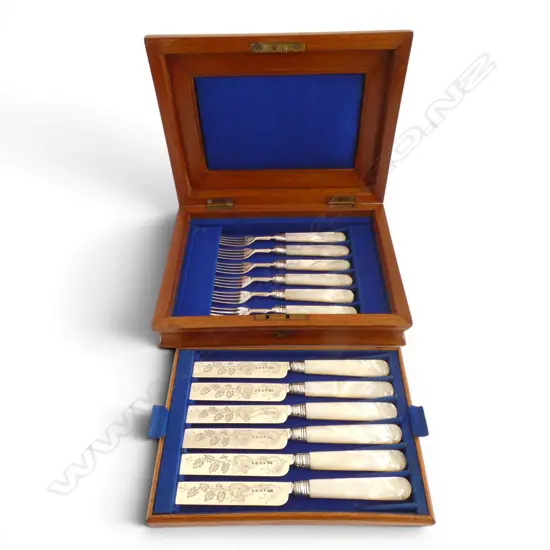 VICTORIAN 12PC MOP & SILVER PLATE KNIFE & FORK SET FITTED OAK BOX