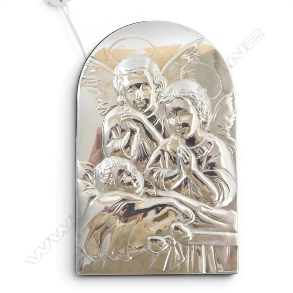 ITALIAN 999 SILVER GUARDIAN ANGELS ICON WITH WOOD BACKING & FOLD OUT STAND GREY POUCH  TOTAL WEIGHT 184GMS Image 1++