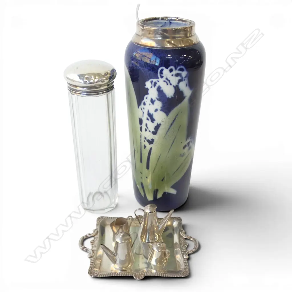 3 PCES STG SILVER; 5 PCE MINIATURE COFFEE / TEA SET, LIDDED CONTAINER, VASE H.160mm Image 1++