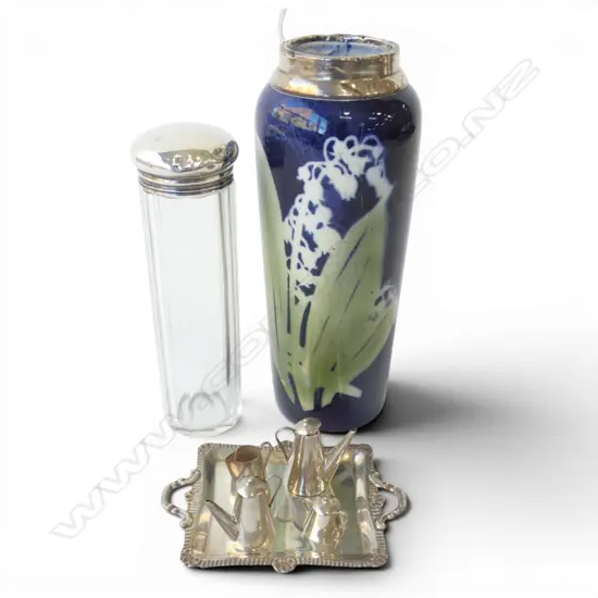 3 PCES STG SILVER; 5 PCE MINIATURE COFFEE / TEA SET, LIDDED CONTAINER, VASE H.160mm