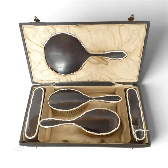 S/SILVER & TORTOISE SHELL 5PC DRESSING TABLE SET MIRROR 2 HAIR BRUSHES & 2 CLOTHES BRUSHES IN ORIGINAL BOX  ES BARNSLY M