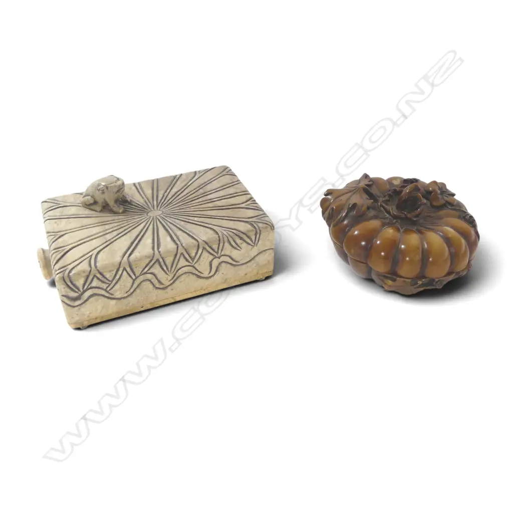 CARVED STONE BOX + OTHER (resin?) CHINESE LIDDED MELON BOX Image 1++