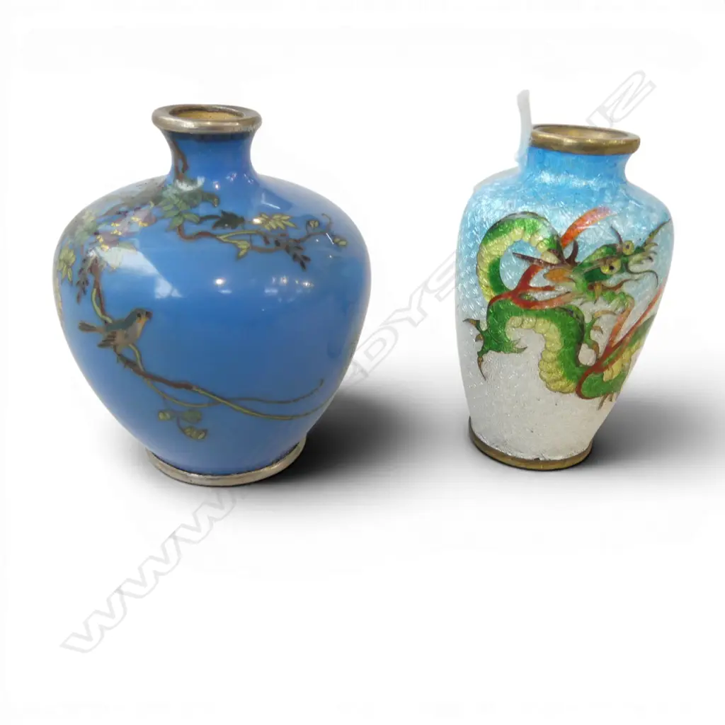 2 CLOISONNE VASES one w. impact mark H.65mm Image 1++